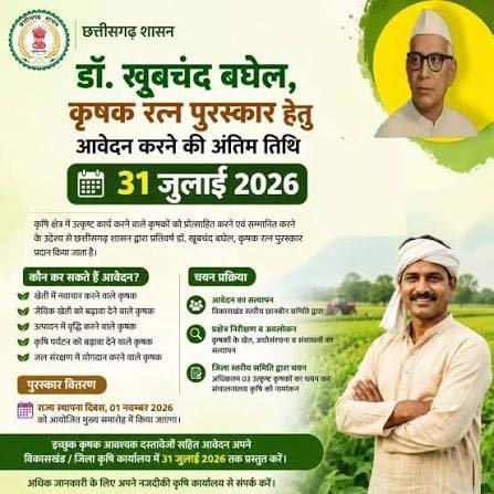 डॉ. खूबचंद बघेल, कृषक रत्न पुरस्कार हेतु आवेदन करने की अंतिम तिथि 31 जुलाई