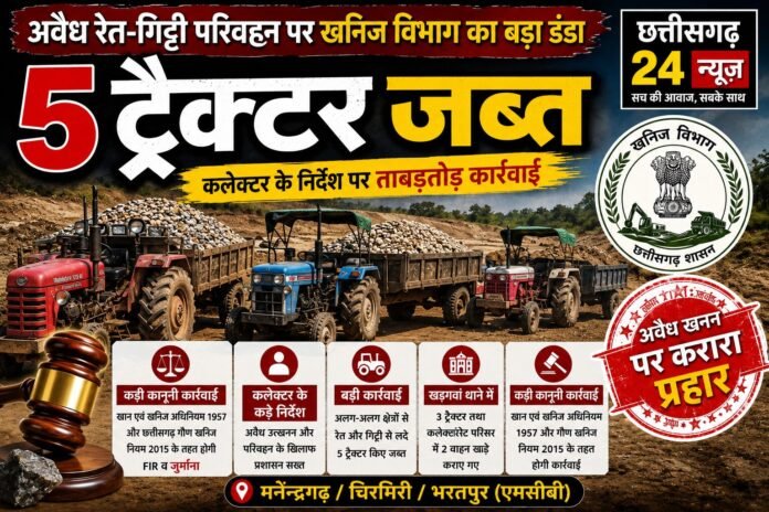 अवैध रेत व गिट्टी परिवहन पर खनिज विभाग की बड़ी कार्रवाई, 5 ट्रैक्टर जब्त